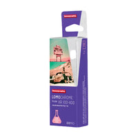 Packaging of Lomography Lomochrome Purple 110 Color Negative film showing the film cartridge and a picture applying on it.