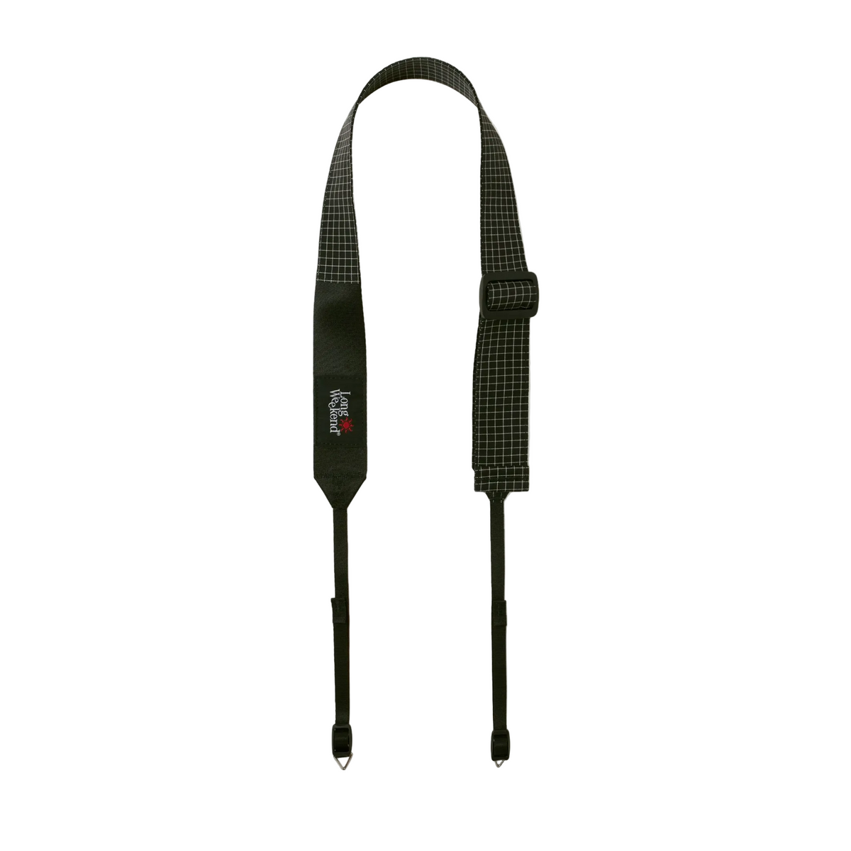 Black adjustable camera neck strap with a patterned design and plastic buckle.