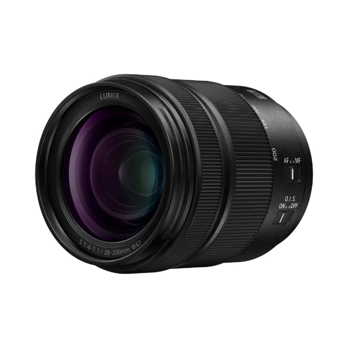 Camera lens with 'LUMIX' branding on a white background