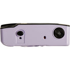 A light purple projector shown from the back, featuring a black top edge, a rear projection lens, a rear slide throw button, and a small red indicator light, set against a plain white background.