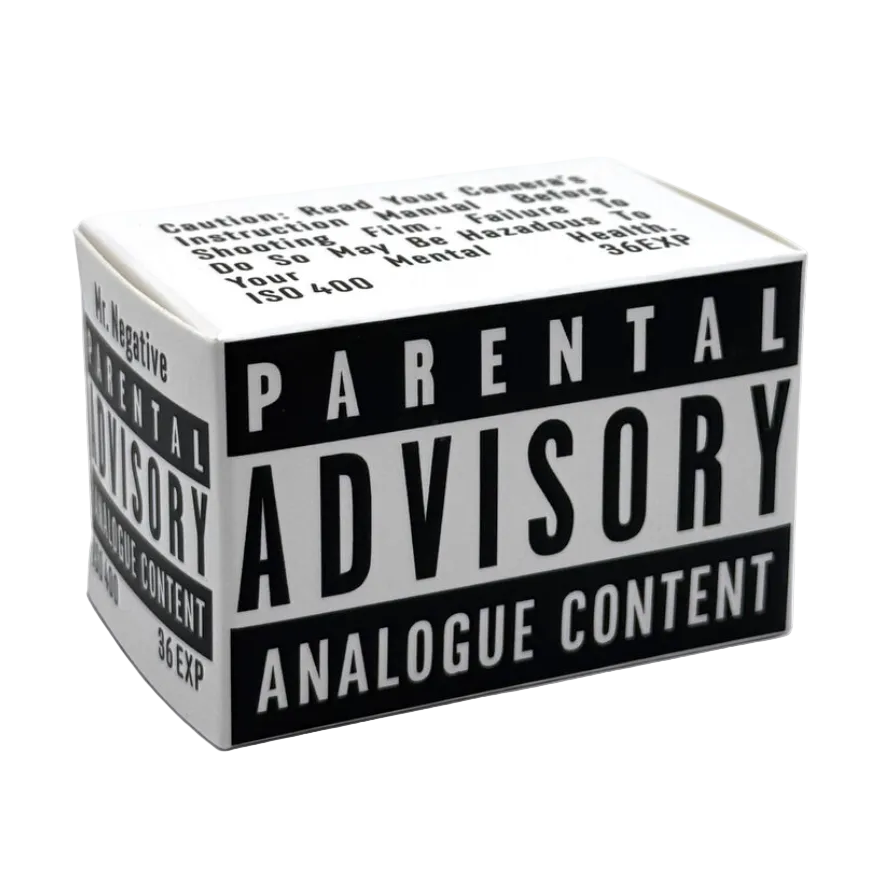 A small rectangular product box with a black-and-white Parental Advisory label design on the front, photographed on a white background. The box includes warning text and the text 'Mr.