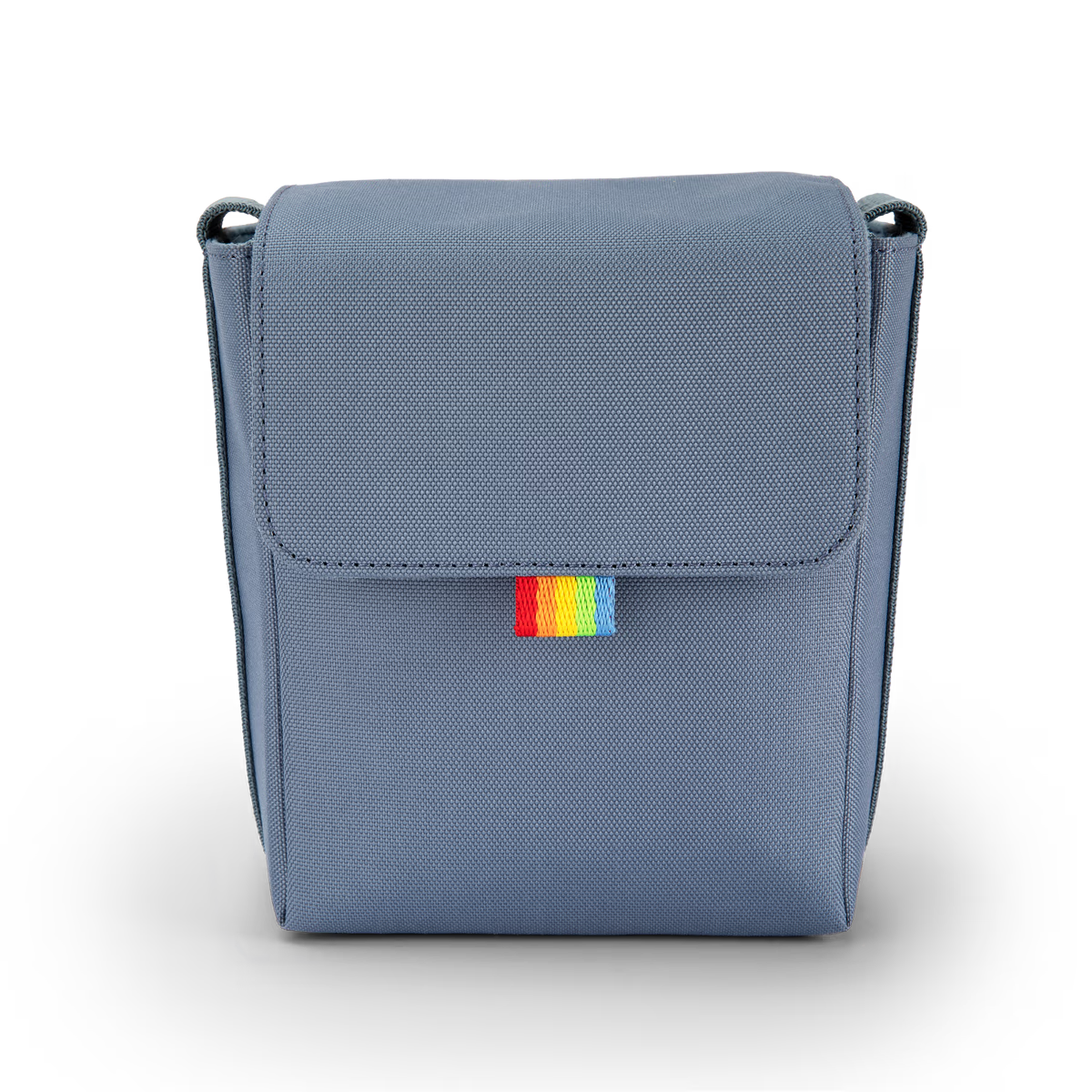 Blue rectangular bag with a colorful tag on a white background
