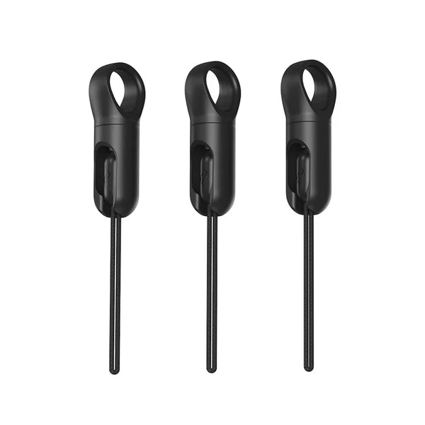 Three black earbud charging cases with hooks on a white background