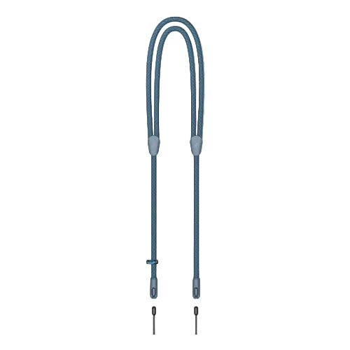 Blue braided shoelace with metal eyelets on a white background