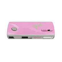 A pink Pix digital camera with a gray base, featuring a glossy pink top cover with a silver button, a pink lens cover, and a pink power switch.