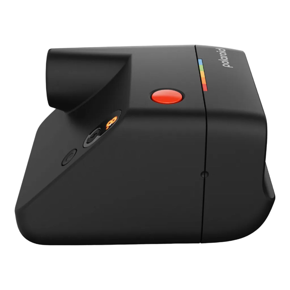 Black Polaroid camera with a red button on a white background