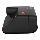 Black Polaroid camera with a red button on a white background