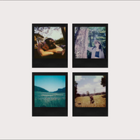 Four square instant-style photo prints arranged in a 2x2 grid on a light gray background. The prints show outdoor scenes: an embrace under trees, a woman in a forest, a blue-toned landscape with hills and water, and a field scene with a person and a dog.
