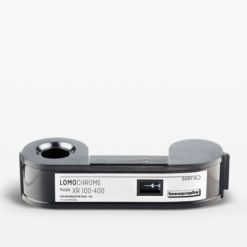 A LOMOchrome XR 100-400 purple color negative film roll from EasyBio, shown horizontally on a clean white background.