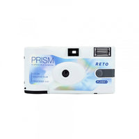 A white disposable camera with blue and light blue graphic accents, featuring the text 'PRISM DISPOSABLE CAMERA' and 'RETO' on the front, set against a plain white background.