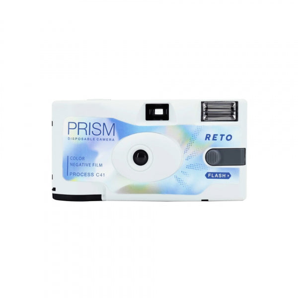 A white disposable camera with blue and light blue graphic accents, featuring the text 'PRISM DISPOSABLE CAMERA' and 'RETO' on the front, set against a plain white background.