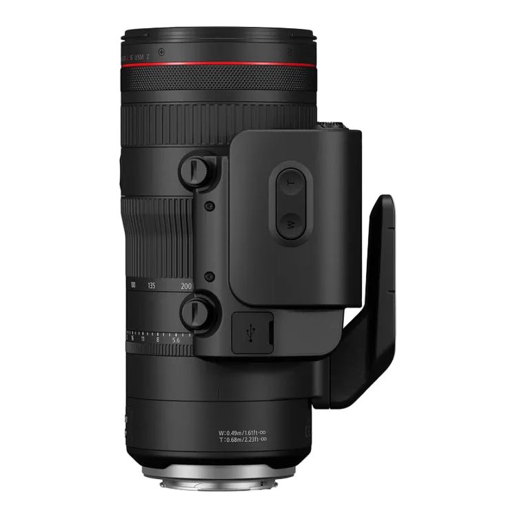 Camera lens with focus and zoom controls on a white background