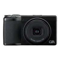 Black camera with 'GR' branding on a white background