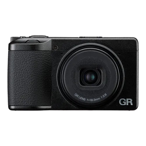 Black camera with 'GR' branding on a white background