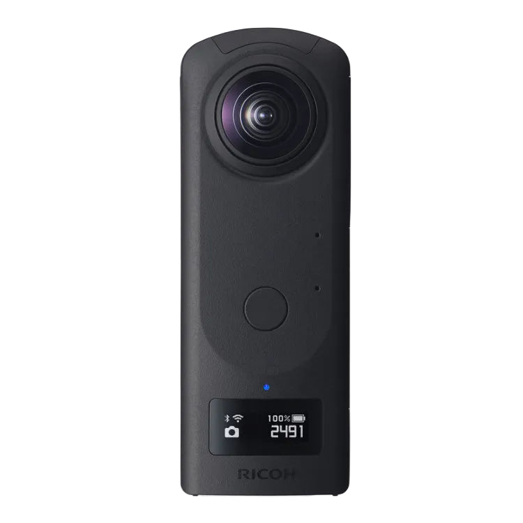 Black Ricoh 360-degree camera on a white background
