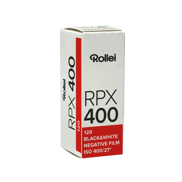 A box of Rollei RPX 400 black and white negative film, 120 ISO, shown on a clean white background.