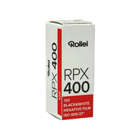 A box of Rollei RPX 400 black and white negative film, 120 ISO, shown on a clean white background.