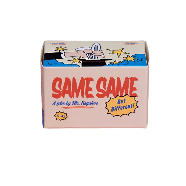 Carton box of 35mm film with 'Same Same But Different' text and graphics on a white background