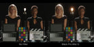 Side-by-side comparison of a film still labeled 'No Filter' on the left and 'Black Pro Mist 1/2' on the right, showing two seated people in black tops with clapperboards and color cards against a dark background.