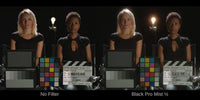 Side-by-side comparison of a film still labeled 'No Filter' on the left and 'Black Pro Mist 1/2' on the right, showing two seated people in black tops with clapperboards and color cards against a dark background.