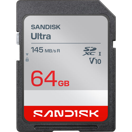 Sandisk Ultra 64GB SD card on a white background