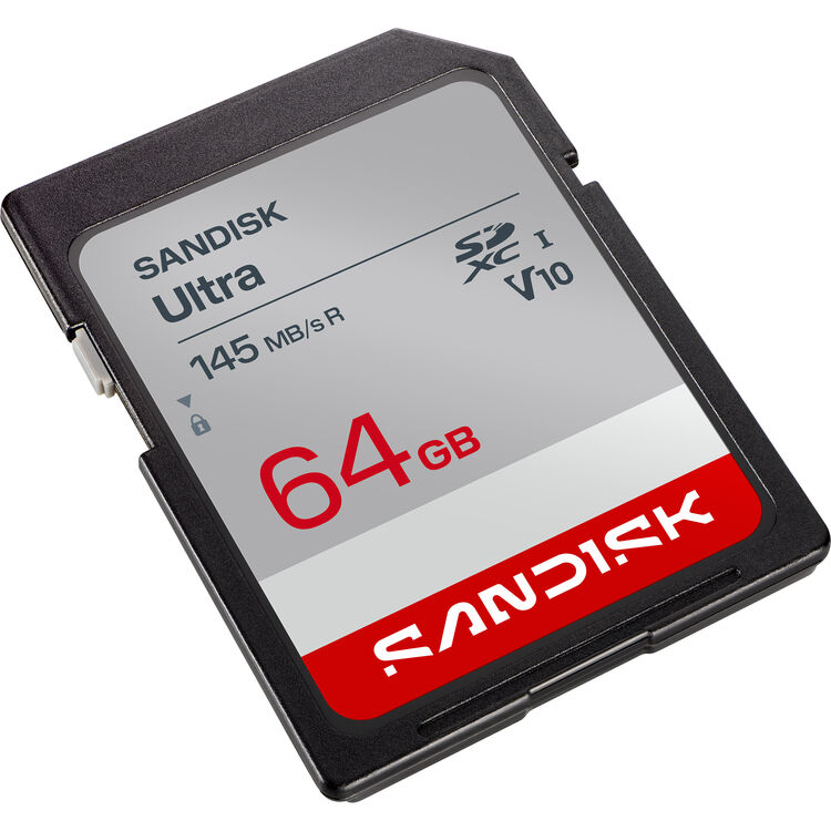 A Sandisk Ultra 64GB SD card shown at an angle on a plain white background.