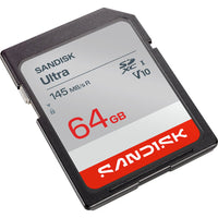 A Sandisk Ultra 64GB SD card shown at an angle on a plain white background.