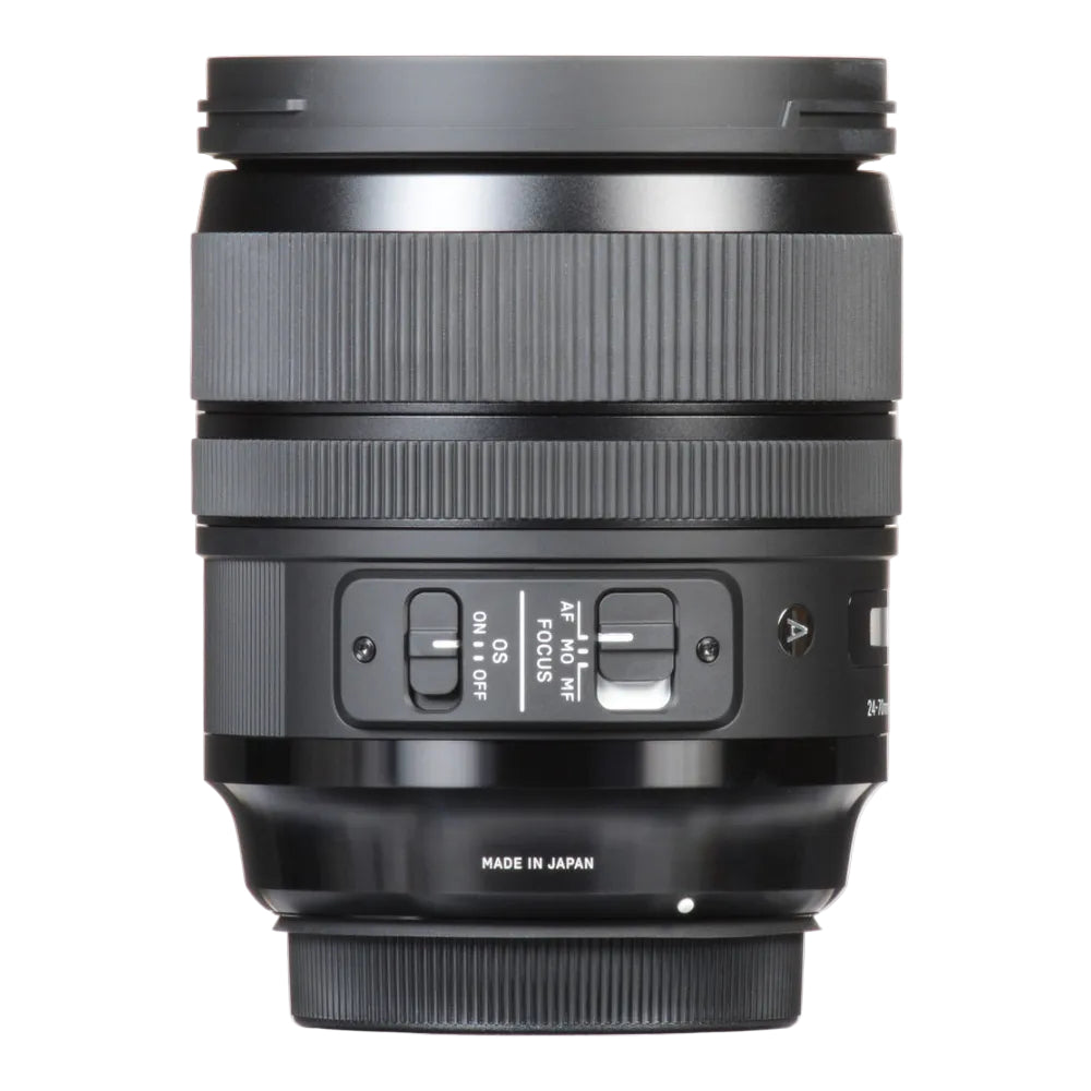 Camera lens with control buttons on a white background