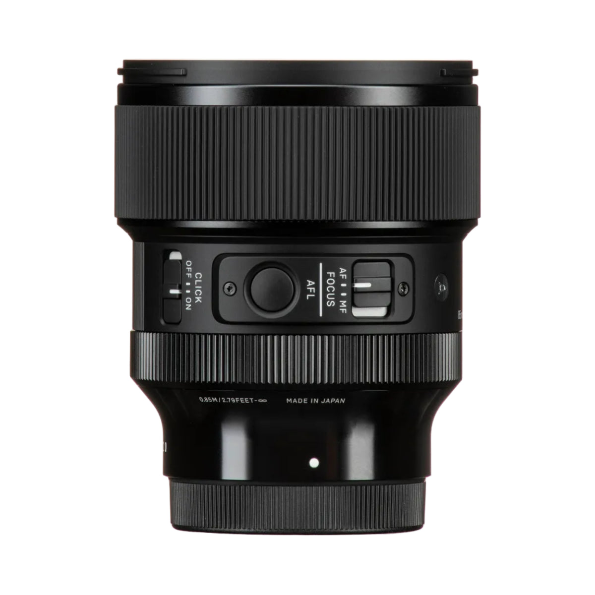A close-up studio shot of a black Sony lens control ring on a camera lens, showing the AF-LCS, AF-M, AF-Q, and AF-S modes, with '50MM(1.79FEET-∞)' and 'MADE IN JAPAN' printed on the front.