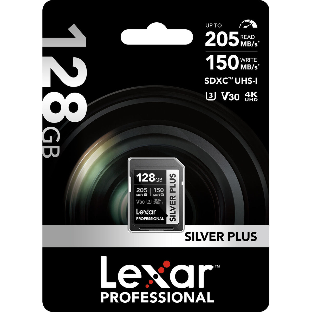 Lexar Professional 128GB SDXC UHS-I memory card packaging with specifications.