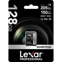 Lexar Professional 128GB SDXC UHS-I memory card packaging with specifications.
