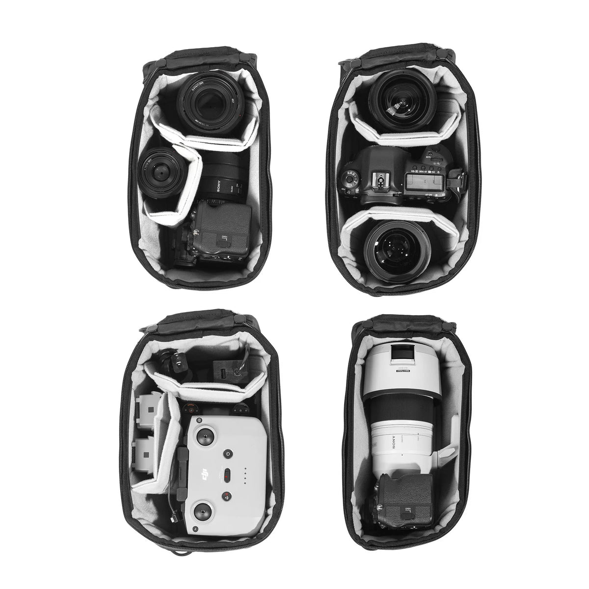 Four compartments of a camera bag with camera equipment inside on a white background