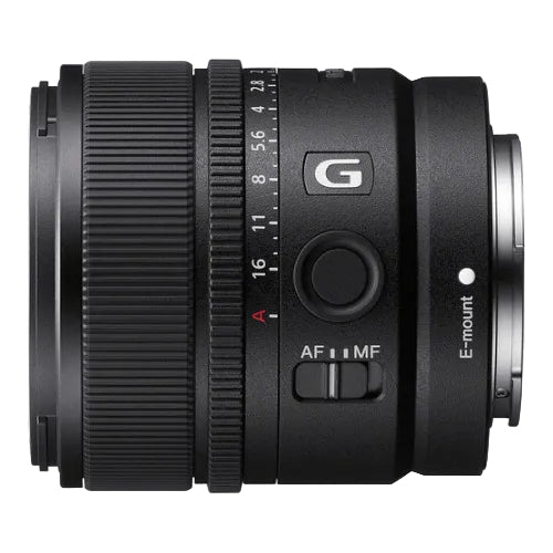 Camera lens with focus and aperture controls on a white background