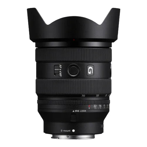 Camera lens with focus and aperture controls on a white background