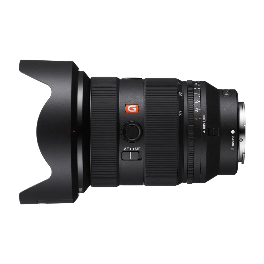 Camera lens with 'G' mark on a white background