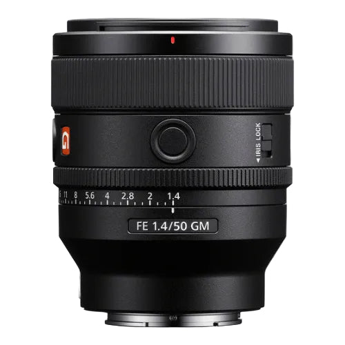 Black camera lens with specifications on a white background