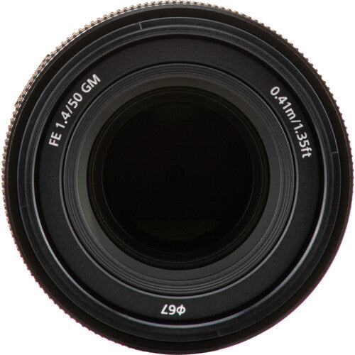 Close-up of a camera lens with technical specifications on a white background