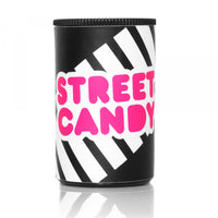 A black insulated can cooler with a black and white diagonal striped pattern and the words 'STREET CANDY' printed in bold pink letters, shown on a white background with a soft reflection below.