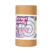 Brown kraft color film canister with pink and purple label that says "Tasty 200" on it