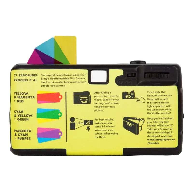 Colorful film cartridge with instructions on a white background