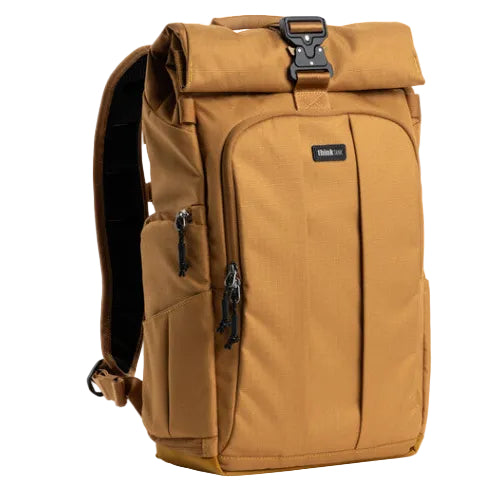 Brown backpack with a visible brand logo on a white background