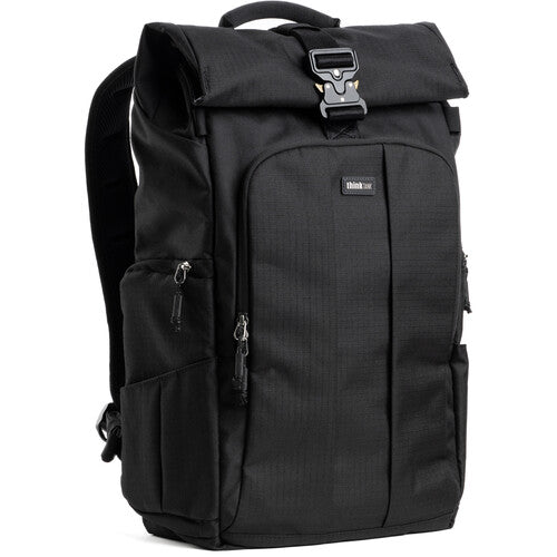 Black backpack with a visible brand logo on a white background