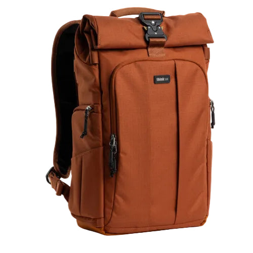 Brown backpack with a visible brand logo on a white background