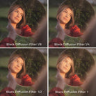 Collage of a woman in a red dress with different black diffusion filter settings.