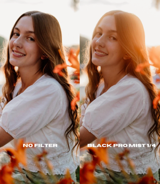 Side-by-side comparison showing a woman outdoors with warm sunset light, labeled 'NO FILTER' on the left and 'BLACK PRO MIST 1/4' on the right, demonstrating a photo filter effect.