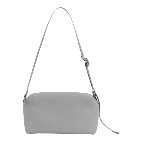 Gray shoulder bag with a strap on a white background