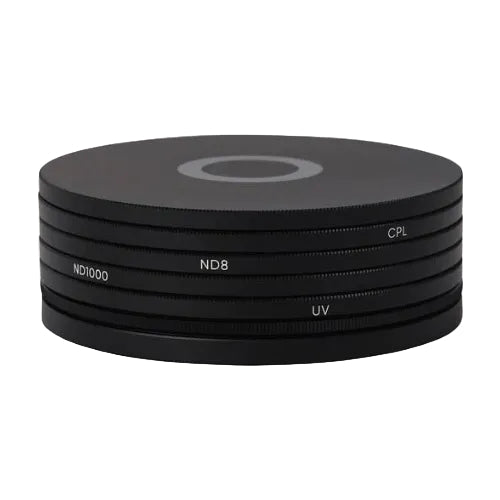 A stack of black circular magnetic filters labeled ND1000, ND8, UV, and CPL, indicating their respective filter effects.