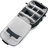 Open camera case with compartments on a white background