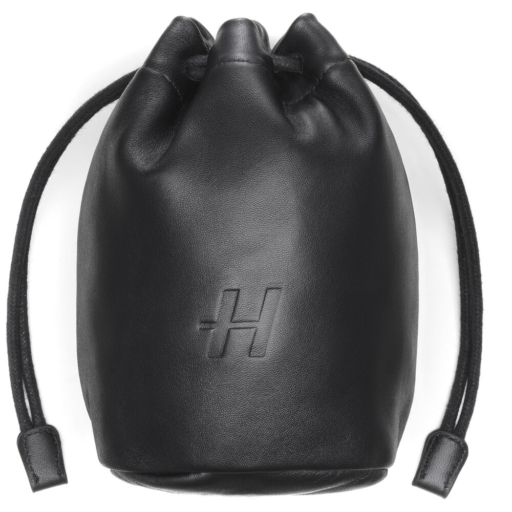 Black drawstring pouch with a logo on a white background