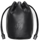 Black drawstring pouch with a logo on a white background